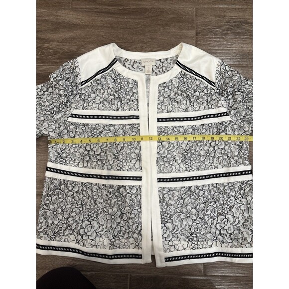 Chicos Size 3 Black & White Lace Blazer Open Front Sheer - Picture 4 of 8